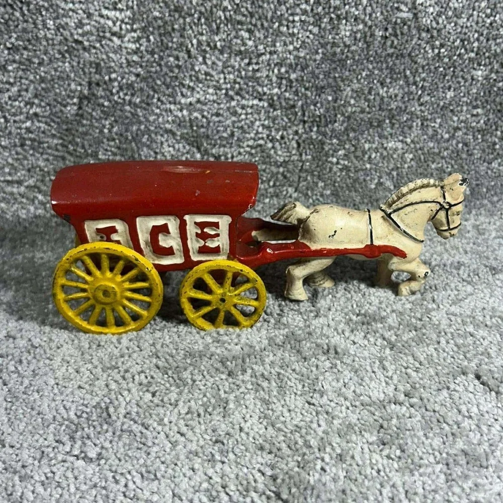 Vintage Cast Iron Ice Wagon Red Horse Drawn Carriage Toy Antique Style 6.5in